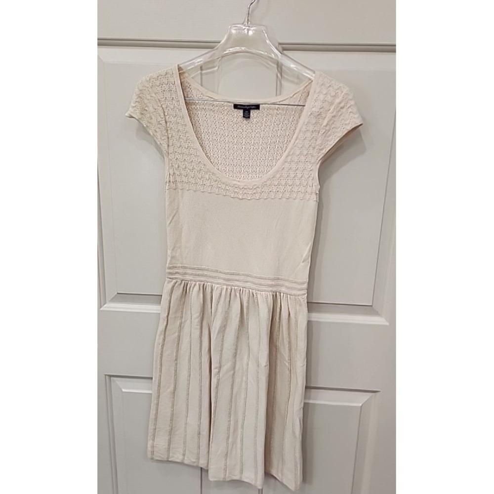 American Eagle Sweater Dress Womens Size M Cap Sleeve Knit Champagne Gold Cream